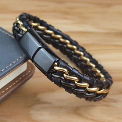 Stainless Steel & Leather Waves Bracelet