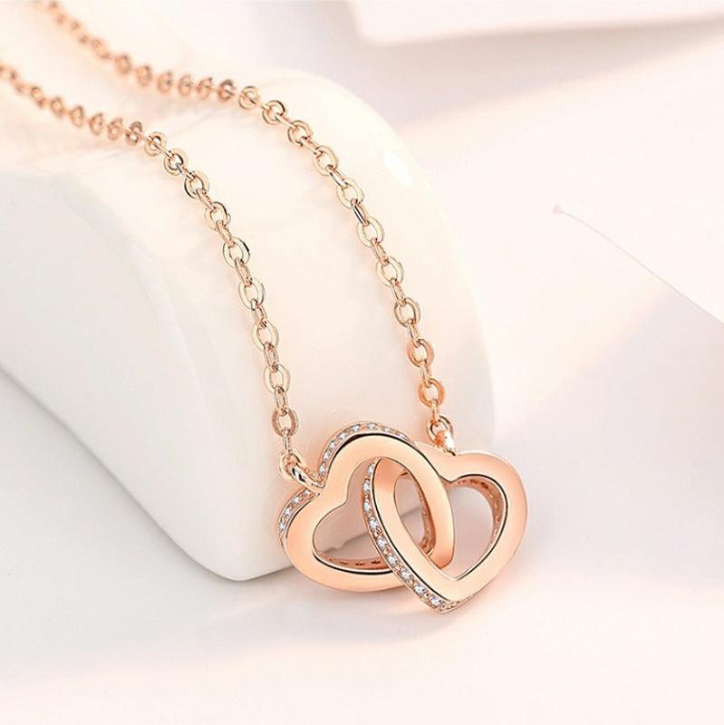 925 Sterling Silver Heart to heart Zircon Necklace - eleganto