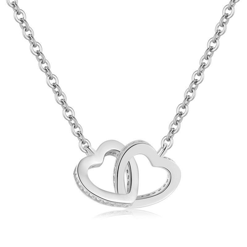 925 Sterling Silver Heart to heart Zircon Necklace - eleganto