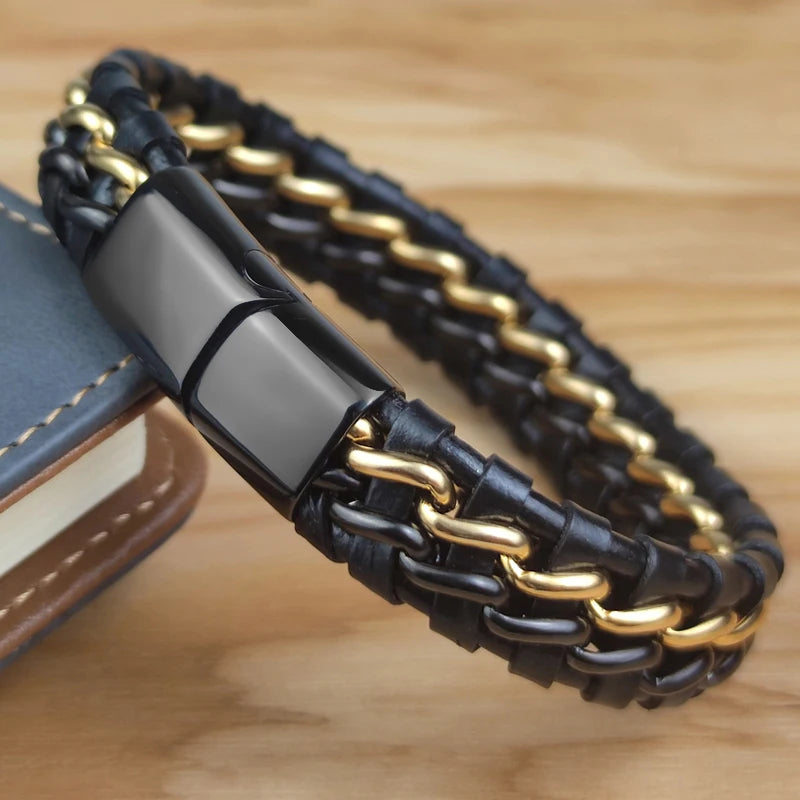 Stainless Steel & Leather Waves Bracelet