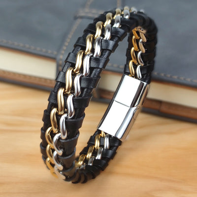 Stainless Steel & Leather Waves Bracelet