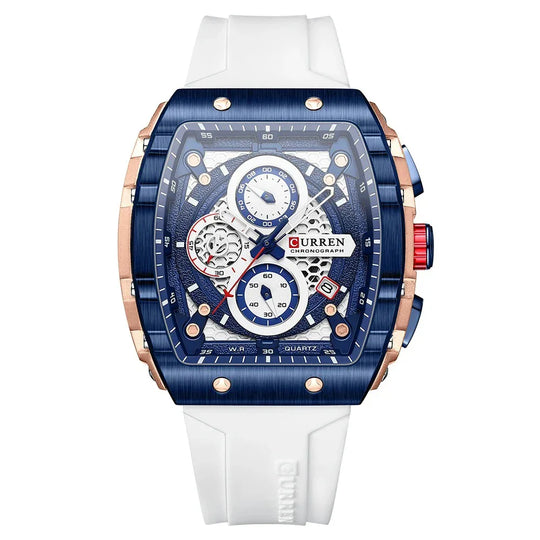 Eleganto Luxe men's square chronograph watch, blue and rose gold case, white silicone strap, front view