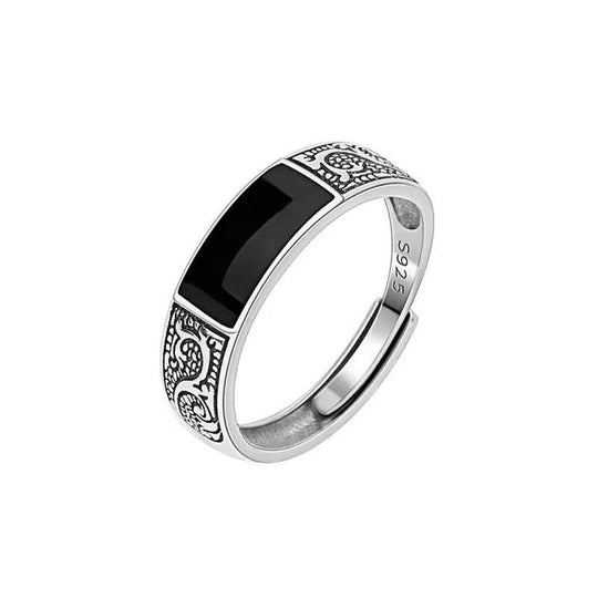 925 Sterling Silver Retro Black Rectangle Ring - eleganto