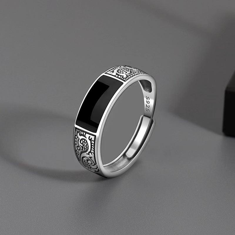925 Sterling Silver Retro Black Rectangle Ring - eleganto