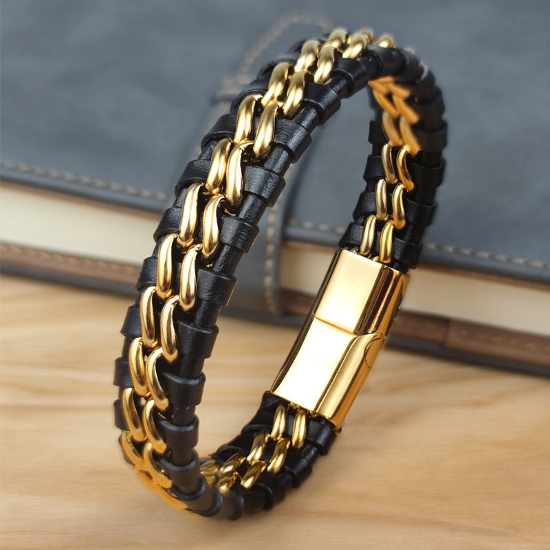 Stainless Steel & Leather Waves Bracelet