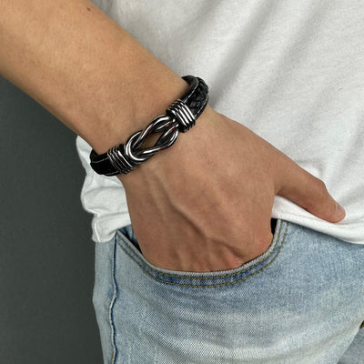 Geometric Metal and Leather Bracelet for Men - eleganto